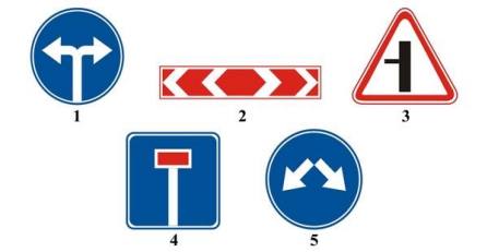 Which sign indicates the direction of travel at a T-junction?